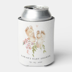 Cute Baby Feet Blush Pink Floral Girl Baby Shower Can Cooler