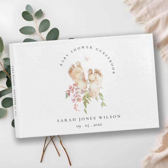 Cute Baby Feet Blush Pink Floral Girl Baby Shower Guest Book (Creator Uploaded)