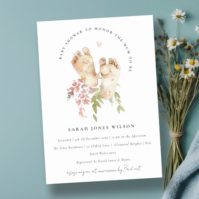 Cute Baby Feet Blush Pink Floral Girl Baby Shower Invitation (Creator Uploaded)