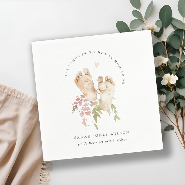 Cute Baby Feet Blush Pink Floral Girl Baby Shower Napkin (Creator Uploaded)