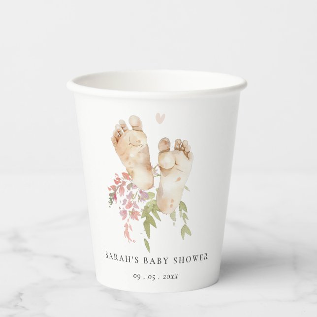 Cute Baby Feet Blush Pink Floral Girl Baby Shower Paper Cups (Front)