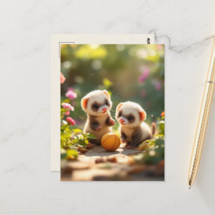 Cute baby ferrets playing with a ball, custom postcard