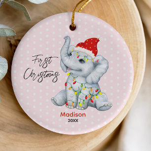 Cute baby first Christmas baby elephant pink Ceramic Ornament