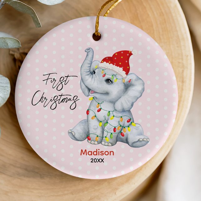 Cute baby first Christmas baby elephant pink Ceramic Ornament (Creator Uploaded)