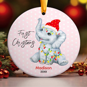 Cute baby first Christmas baby elephant pink Ceramic Ornament