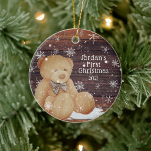 Cute BABY FIRST CHRISTMAS Teddy Bear Wood Snow Ceramic Ornament