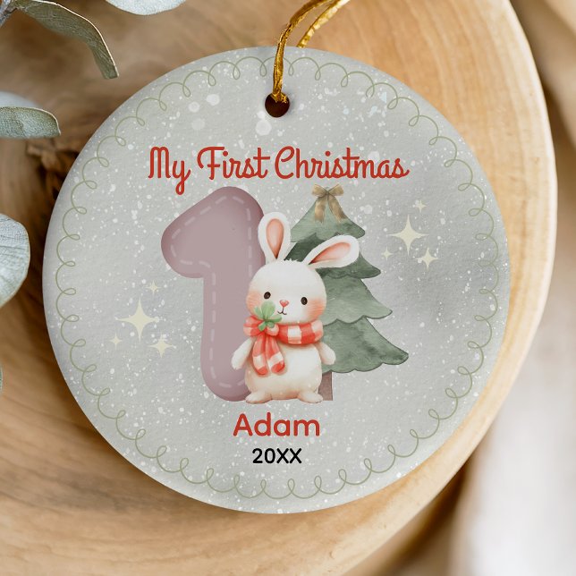 Cute baby first Christmas white rabbit  Ceramic Ornament (Creator Uploaded)