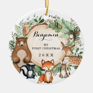 Cute Baby First Christmas Woodland Forest Animals Ceramic Ornament