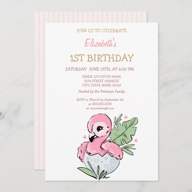 Cute Baby Flamingo Striped Birthday   Invitation (Front/Back)