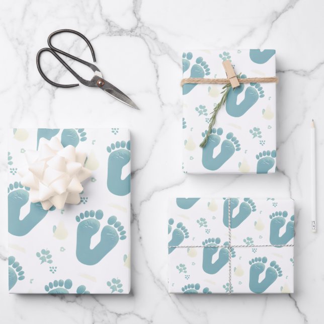 Cute Baby Footprints Blue Boy Theme Wrapping Paper Sheet (Front)