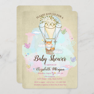 Cute Baby Fox,Air Balloon, Butterfly Baby Shower Invitation