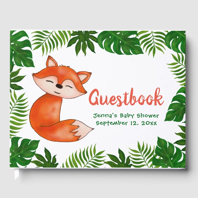 Cute Baby Fox | Baby Shower | Tropical Leaves Guest Book (Front)