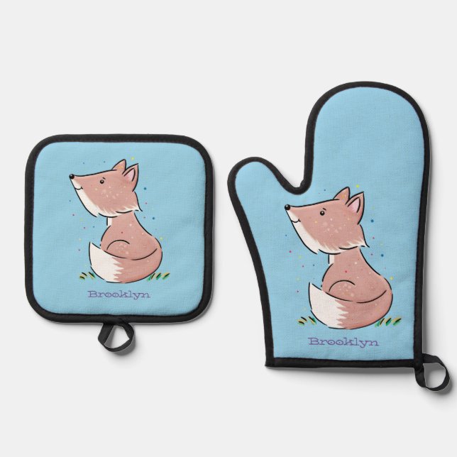 Cute baby fox cartoon illustration oven mitt & pot holder set (Front)