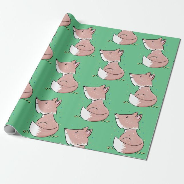Cute baby fox cartoon illustration wrapping paper (Unrolled)
