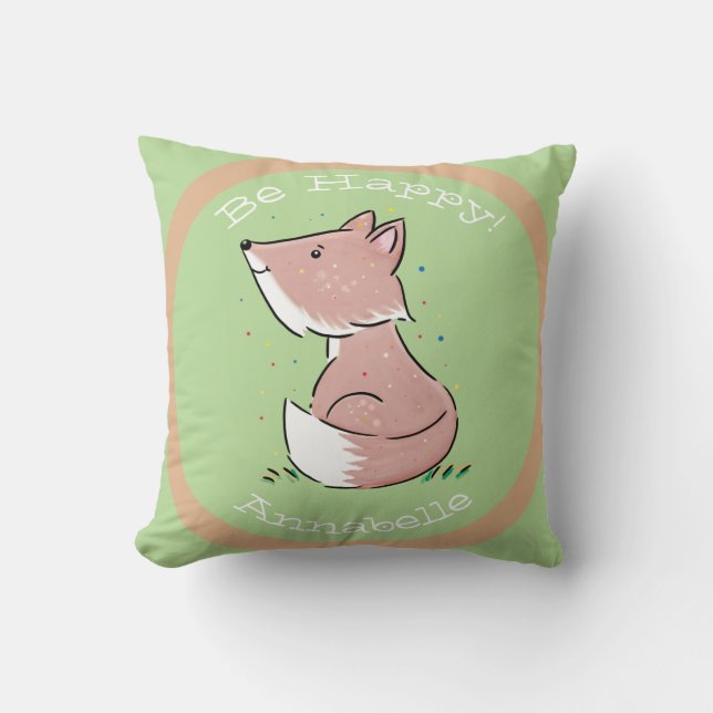 Cute baby fox green watercolour illustration cushion (Front)