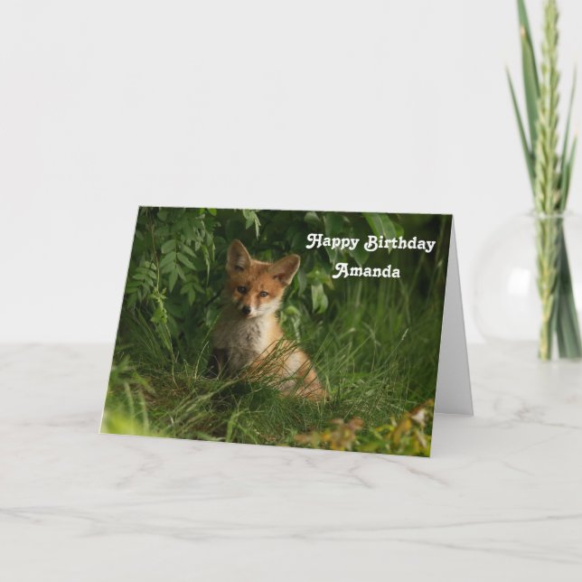 Cute Baby Fox in a Green Forest Birthday Card (Front)