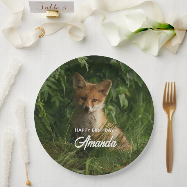 Cute Baby Fox in a Green Forest Birthday Paper Plate (Wedding)