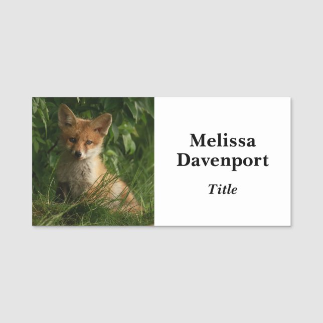 Cute Baby Fox in a Green Forest Name Tag (Front)