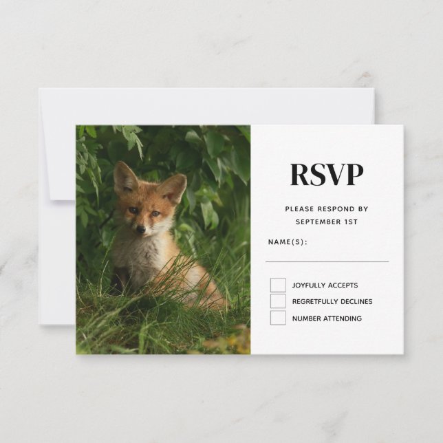 Cute Baby Fox in a Green Forest RSVP Card (Front)