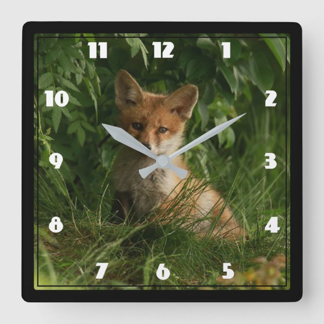 Cute Baby Fox in a Green Forest Square Wall Clock (Front)