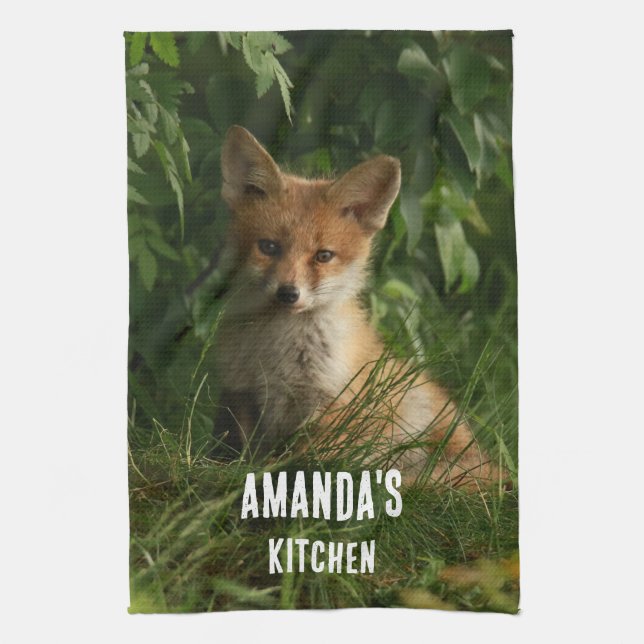 Cute Baby Fox in a Green Forest Tea Towel (Vertical)