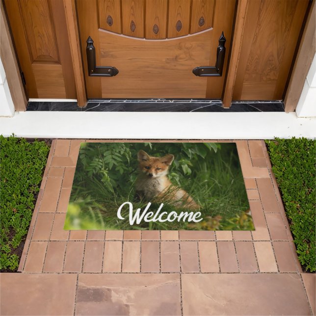 Cute Baby Fox in a Green Forest Welcome Doormat (Outdoor)