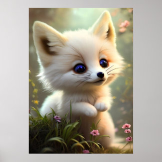 Cute baby fox in wild flowers poster