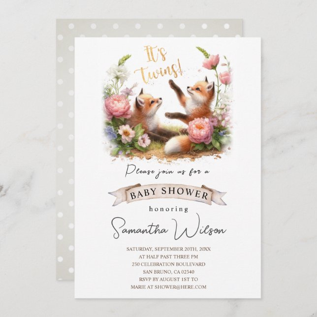 Cute Baby Fox It's twins Baby Shower Invitation (Front/Back)