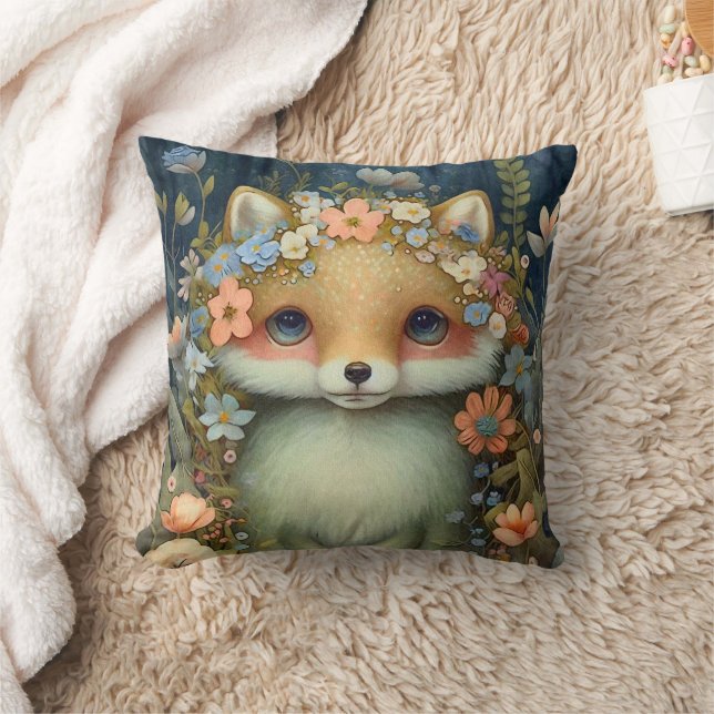 Cute Baby Fox Pink Blue Flowers Painting Cushion (Blanket)