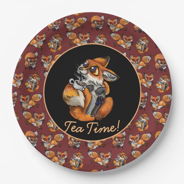 Cute Baby Fox Tea Time!  Paper Plate (Front)