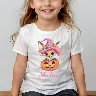 Cute Baby Fox Witch Hat Pumpkin Personalised Name T-Shirt