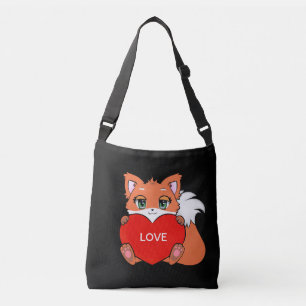 Cute Baby Fox with Heart on Black Crossbody Bag