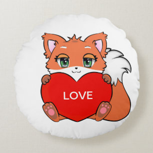Cute Baby Fox with Heart Round Cushion
