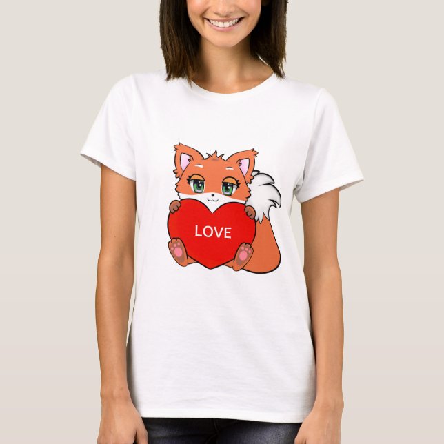 Cute Baby Fox with Heart T-Shirt (Front)