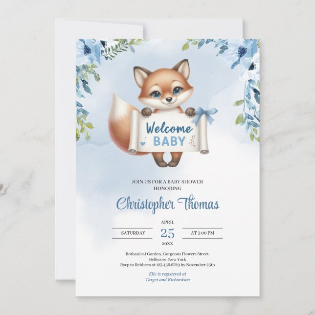 Cute baby fox with paper banner says Welcome baby Invitation (Front)