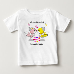 Cute Baby Foxes Kissing w/Colourful Hearts Baby T- T-Shirt