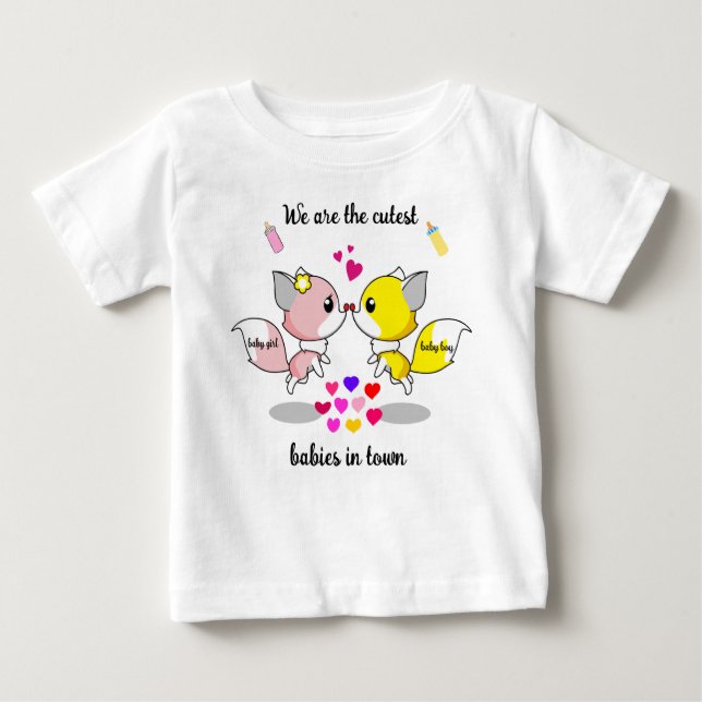Cute Baby Foxes Kissing w/Colourful Hearts Baby T- T-Shirt (Front)