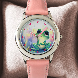 Cute Baby Frog Hearts Rainbow Pastel Watercolor Watch