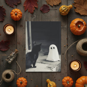 Cute Baby Ghost and Kitten Halloween Holiday Card