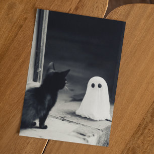 Cute Baby Ghost and Kitten Halloween Postcard