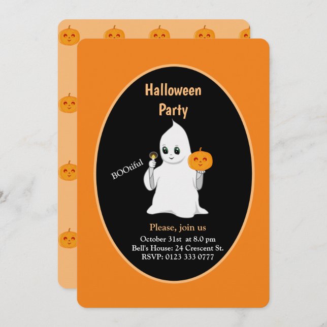 Cute Baby Ghost & Pumpkin Halloween Invitation (Front/Back)
