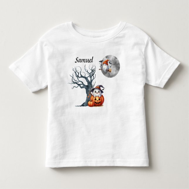 Cute Baby Ghosts Halloween Scene - Monogrammed Toddler T-Shirt (Front)