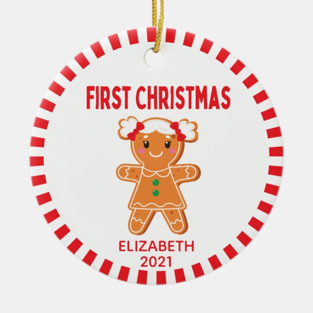Cute Baby Gingerbread Girl Photo First Christmas Ceramic Ornament (Front)