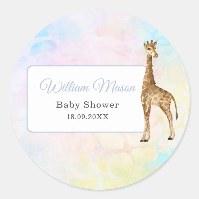 Cute Baby Giraffe Baby Shower Blue Wild Classic Round Sticker (Front)