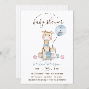 Cute Baby Giraffe Balloon Stripes Baby Shower In Invitation