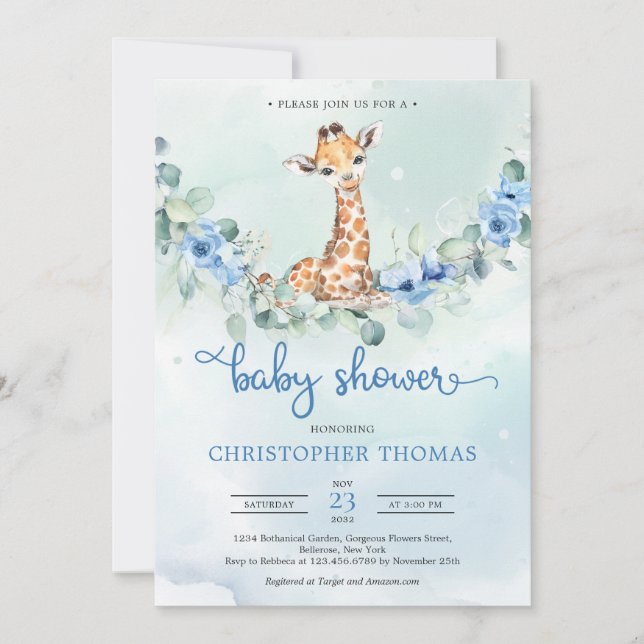 Cute baby giraffe blue flowers eucalyptus boy baby invitation (Front)