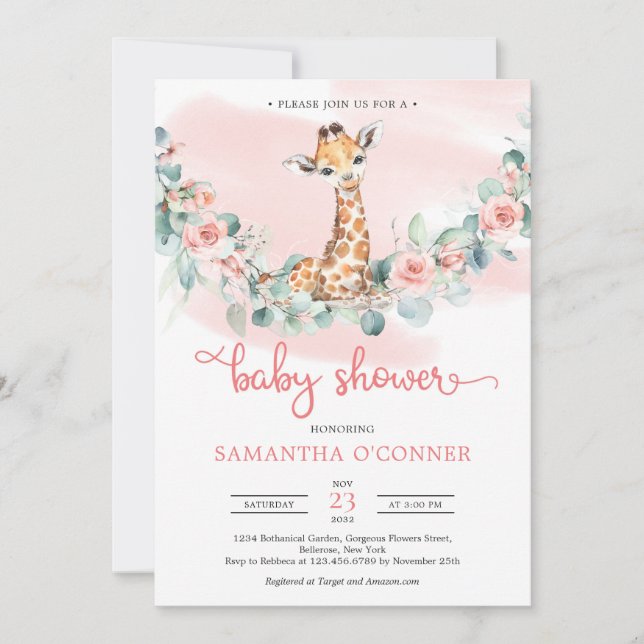 Cute baby giraffe blush flowers eucalyptus baby invitation (Front)