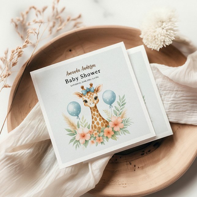 Cute Baby Giraffe Boy Baby Shower | Blue Safari Napkin (Creator Uploaded)