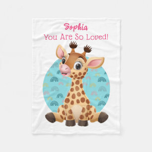 Cute Baby Giraffe Cartoon, Child's Name & Message Fleece Blanket