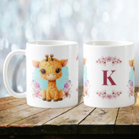 Cute Baby Giraffe Charming Floral Monogram